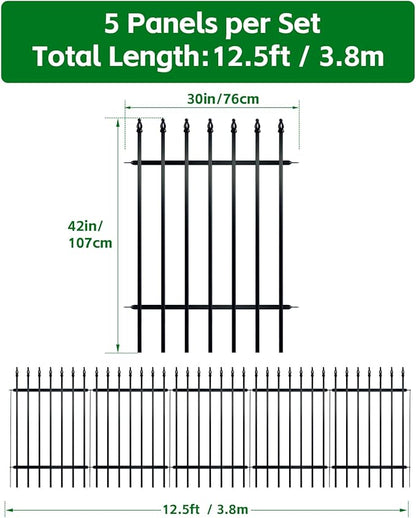 Metal Garden Fence Panels, Decorative No Dig Iron Fence for Flower Beds, Yard Border and Landscaping, Black Outdoor Fence for Plants, Pets and Small Animals, 5 Pack (42" high x 30" Wide)