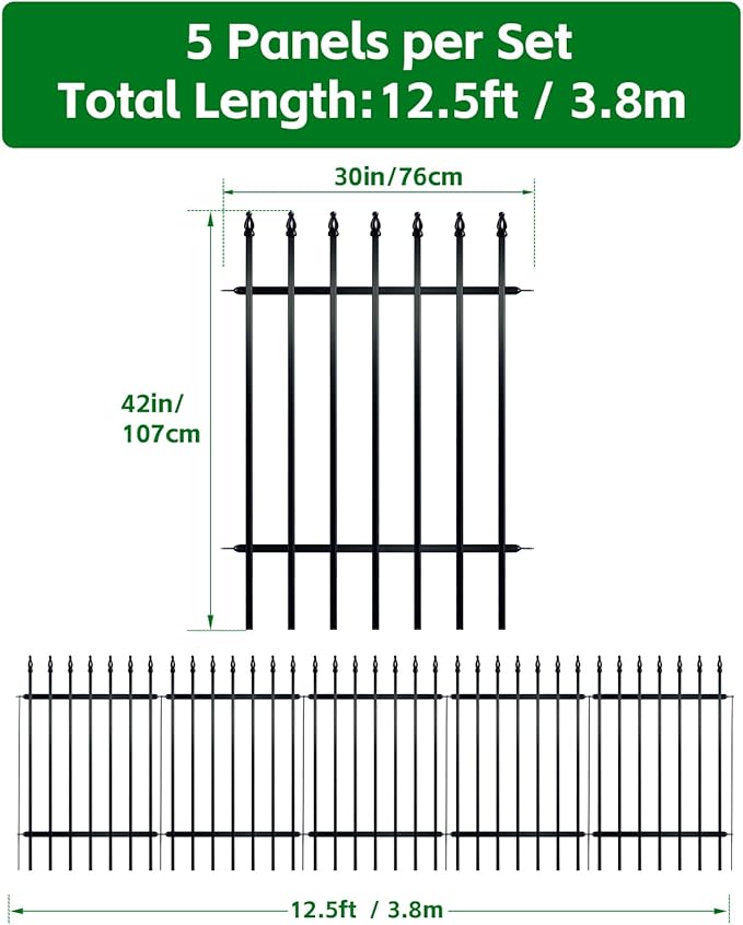 Metal Garden Fence, Decorative No Dig Fence Panels for Flower Beds, Yard Border and Landscape, Iron Outdoor Fence for Plants, Pets and Small Animals, Black, 5 Pack (42" high x 30" Wide)