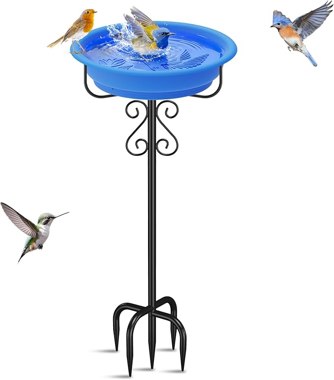 40in Freestanding Bird Bath for Outdoors, Rustproof 5-Prong Metal Stake with Removable Plastic Bowl, Easy Clean Birdbath for Garden Patio Yard Decor (Blue)