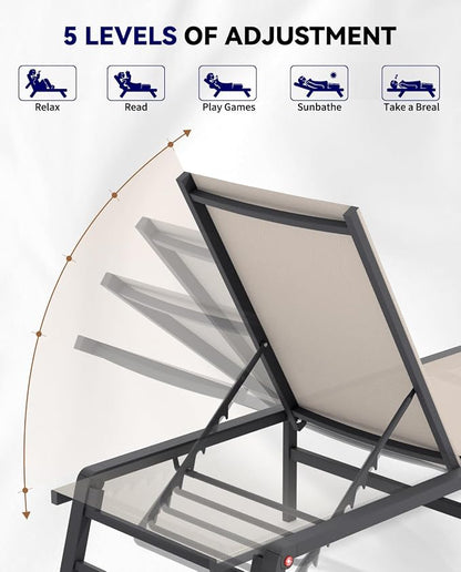 Aluminum Chaise Lounge Chair Outdoor, Foldable Patio Lounge Chair 2 Sets Assemble-Free, Pool Lounge Chairs with 5 Adjustable Backrest, Outdoor Lounge Chairs for Outside Poolside Beach Lawn Beige