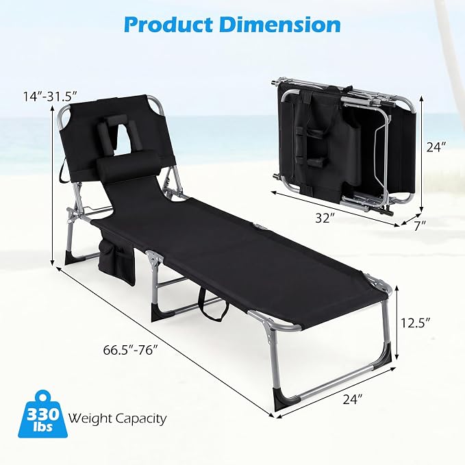 GYMAX Tanning Chair with Face Hole, Sun Bathing Lounge Chairs for Outside with Side Pocket, Folding Portable Face Down Layout Tanning Chair Beach, Backyard, Poolside, Lawn (Black,2)