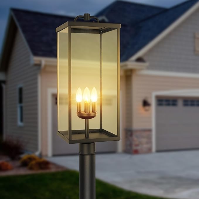 Outdoor Post Light Fixture, Modern Exterior Square Pillar Lantern with Black Finish & Clear Glass, Transitional Pier Mount Lamp, Pole Light for Garden, Backyard, Patio, Pathway, RZ008XL-P