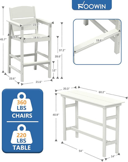 FOOWIN 3 Piece Outdoor Bar Height Table and Chairs, All Weather HDPE Patio Bar Set Outdoor Bistro Set,Adirondack Bar Chairs Set of 2 Outdoor Furniture for Bistro, Poolside, Backyard White