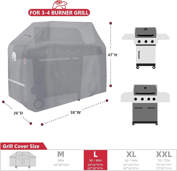 Turtle Life BBQ Grill Cover, 58 Inch Heavy Duty Waterproof 3-4 Burner Barbecue Gas Grill Covers for Weber Spirit Char-Broil Performance and Signature, Gray