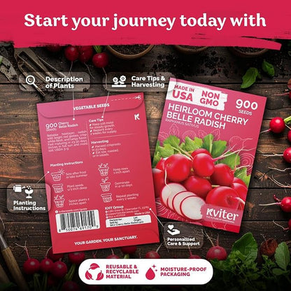 KVITER 900 Cherry Belle Radish Seeds (Raphanus sativus) - Non-GMO Vegetable Seed Packet, Crisp Mild Flavor - Heirloom Red Radish Seeds for Planting Vegetables in Outdoor & Indoor Garden