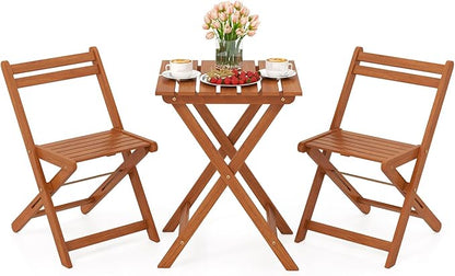 HAPPYGRILL 3 Piece Outdoor Wood Bistro Set, Solid Wood Furniture Set w/ 2 Folding Chairs & Dining Table, Slatted Seat & Tabletop, Patio Dining Set for Backyard, Poolside