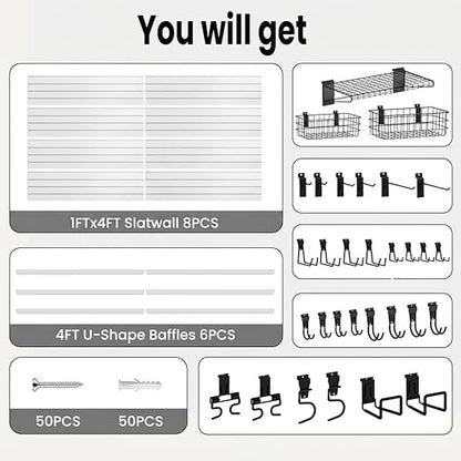 SMARTSTANDARD Slatwall Panel 4x8 FT, Garden Wall Organizer with 31 Garden Tool Hooks & Baskets,Heavy Duty PVC Slat Wall Panels for Gardening, Easy to Install & DIY Cutting(White)