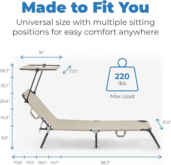 Folding Outdoor Set of 2 Lounge Chairs with Canopy - Portable & Adjustable Beach Lounge Chair - 5-Positions, Carry Handles, 600D Fabric, 220 lbs Capacity – Tanning Chaise Lounge for Beach, Patio, Lawn