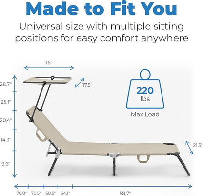 Folding Outdoor Set of 2 Lounge Chairs with Canopy - Portable & Adjustable Beach Lounge Chair - 5-Positions, Carry Handles, 600D Fabric, 220 lbs Capacity – Tanning Chaise Lounge for Beach, Patio, Lawn