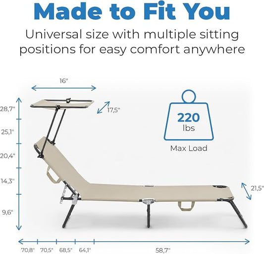 Folding Outdoor Set of 2 Lounge Chairs with Canopy - Portable & Adjustable Beach Lounge Chair - 5-Positions, Carry Handles, 600D Fabric, 220 lbs Capacity – Tanning Chaise Lounge for Beach, Patio, Lawn