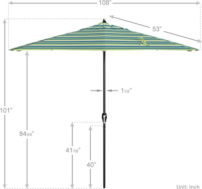 California Umbrella 9' Rd Aluminum Patio Umbrella, Crank Lift, Auto Tilt, Black Finish, Sunbrella Seville Seaside