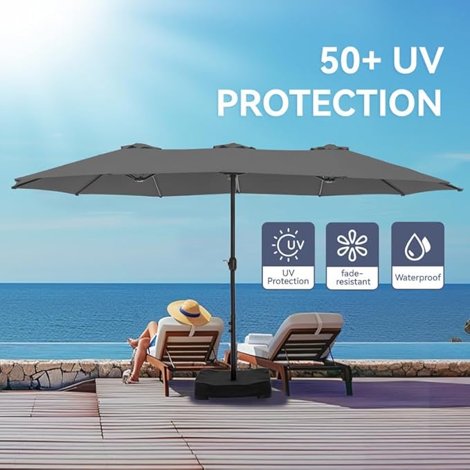 GREEN PARTY 15 ft Rectangle Patio Umbrella with Base Included, Double-Sided Table Umbrella with Crank, Large Outdoor Umbrellas for Patio Poolside Garden Backyard, Smoky Gray