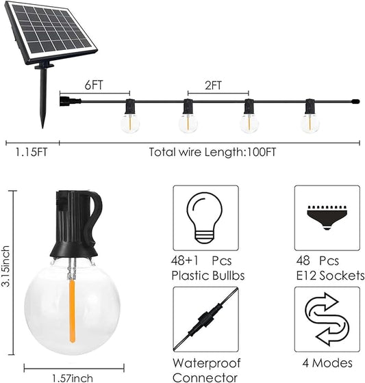 SUNTHIN 100ft Solar String Lights, USB Rechargeable Solar Outdoor Lights with 48 Waterproof & Shatterproof G40 LED Bulbs for Patio, Porch, Garden, Deck, Bistro, Cafe, Camping