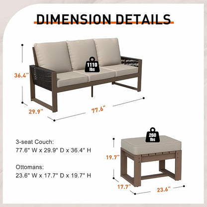 Rustic Hideaway Natural Cedar Wood Outdoor Furniture Set, Wicker Patio Conversation Set for Porch Garden Backyard, Couch and 2 Ottomans, 3 Piece, Brownish/Beige