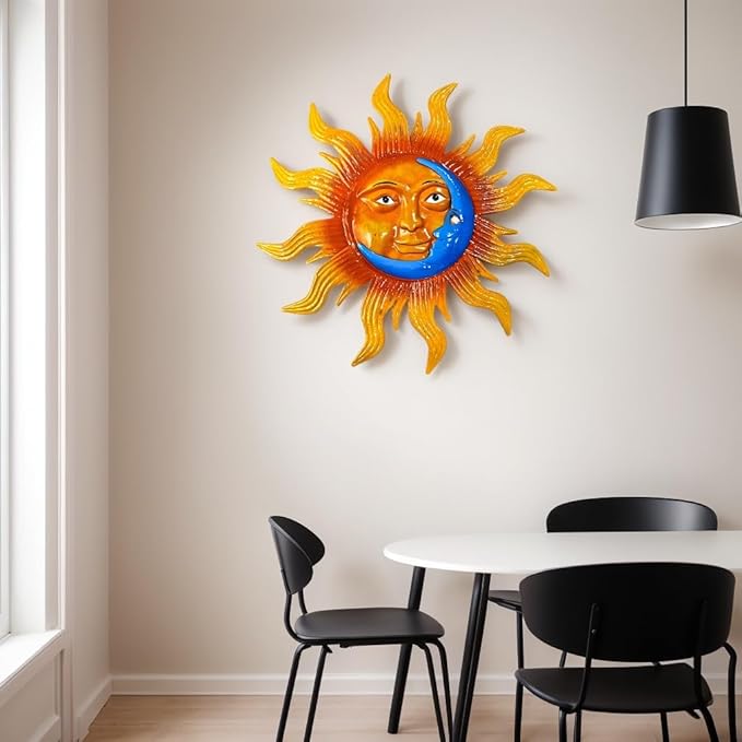 25.7'' Large Size Metal Sun Outdoor Wall Art Decor, Sun&Moon Outside Metal Art Rust Proof Wall Sculpture, Ideal for for Yard, Bedroom, Patio, Garden, Fence, Deck Pool Home and Farmhouse (Large sun)