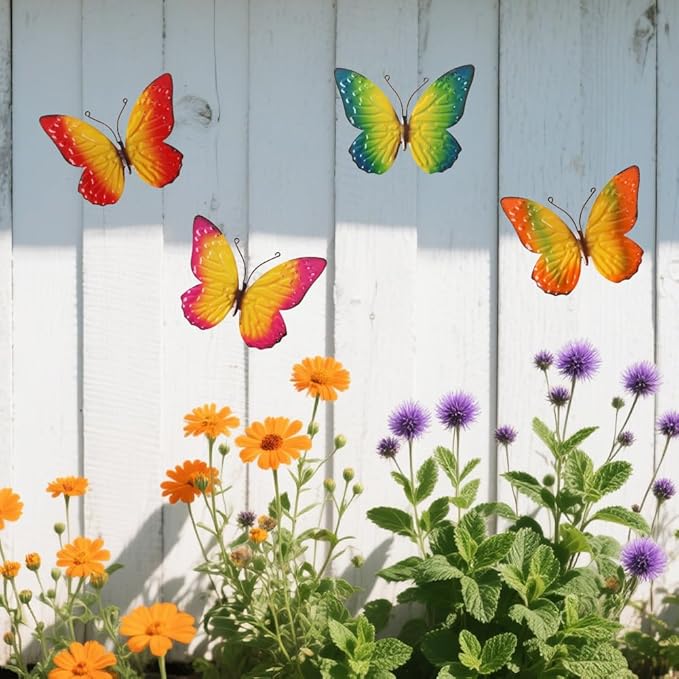 dreamskip Metal Butterfly Wall Decor Art, 4 Pack Colorful Metal Butterflies Outdoor Wall Art, Hand Painted Outdoor Wall Decor For Garden, Yard, Fence, Patio, Living Room, Bedroom Decoration