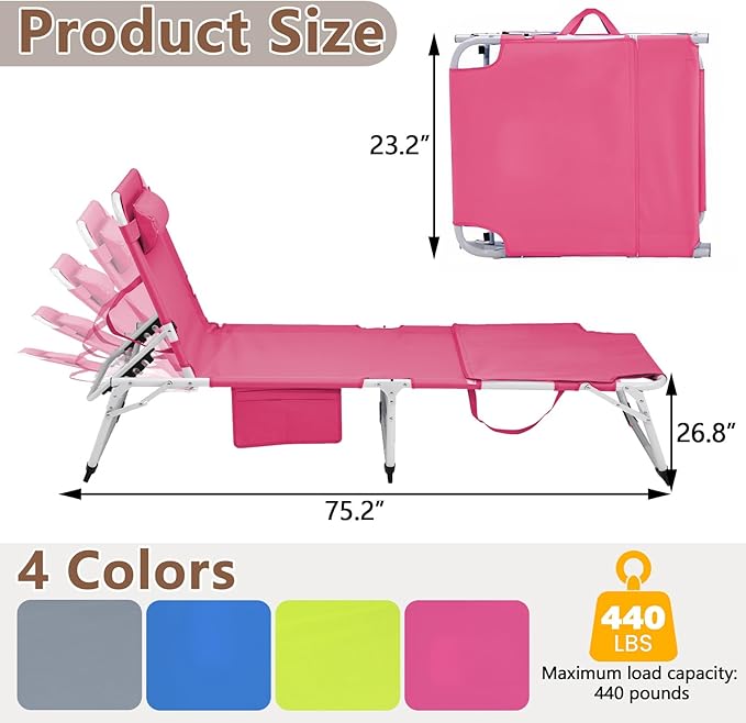 3-in-1 Heavy Duty Tanning Chair with Face Hole Adjustable 5-Position Folding Chaise Lounge Chairs Portable Lay Flat Beach Lounge Chair for Outdoor Sunbathing Patio Pool Lawn Camping Deck (Pink)