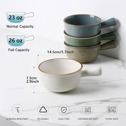 MONITO 26 Oz French Onion Soup Bowls, Ceramic Soup Bowls with Handles, Stackable Soup Crocks, Oven/Microwave/Dishwasher Safe, for Cereal, Soups, Casseroles