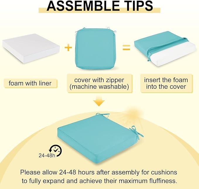 downluxe Waterproof Outdoor Chair Cushions for Patio Furniture, 24" x 24" x 4" Patio Chair Cushion with Adjustable Ties & Portable Handle, Square Outdoor Cushion with Removable Cover, Teal, 2 Pack