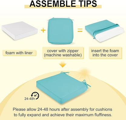 downluxe Waterproof Outdoor Chair Cushions for Patio Furniture, 24" x 24" x 4" Patio Chair Cushion with Adjustable Ties & Portable Handle, Square Outdoor Cushion with Removable Cover, Teal, 2 Pack