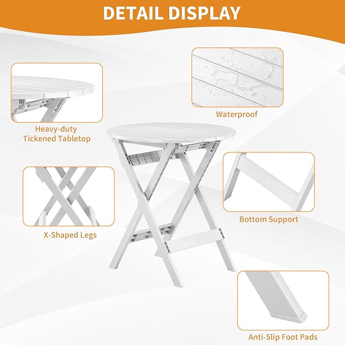 Plastic Folding Bistro Set, 3 Piece Patio Bistro Set, Portable Indoor Outdoor Table and Chairs with Backrest, Foldable Patio Furniture Set for Balcony, Porch, Backyard, Garden,Poolside (White)