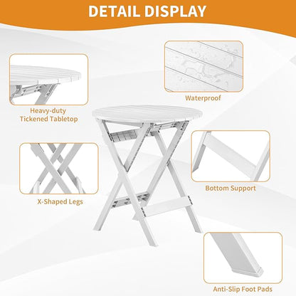 Plastic Folding Bistro Set, 3 Piece Patio Bistro Set, Portable Indoor Outdoor Table and Chairs with Backrest, Foldable Patio Furniture Set for Balcony, Porch, Backyard, Garden,Poolside (White)