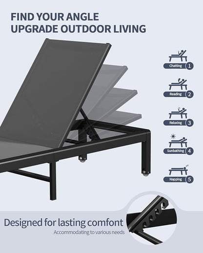 Aluminum Lounge Chairs Outdoor Chaise Furniture,2 Sets Patio Metal Deck Lounger Adjustable 5-Position Poolside Chase Recliner with Wheels for Beach,Coffee Table, (Gray, 2 Chairs)