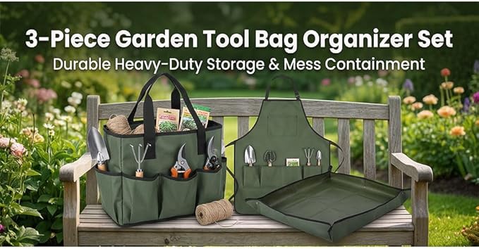 Diydeg Garden Tool Bag Organizer, Heavy Duty 600D Oxford Fabric with 10 Pockets and Apron Soil Replacement Mat, Foldable Standable Gardening Tote for Indoor Outdoor Use