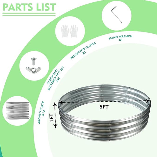 60 Inch Diameter Galvanized Garden Raised Bed/Plant Box/Fire Pit Ring-0.8mm Thick,12 Inch Tall,Crimped Edge and Corner,No Sharpe,Perfect for Plantings (Silver, 60 Dia X 11.5 inches)