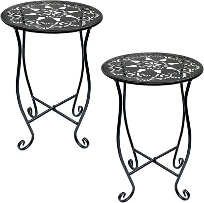 Arbuxzuy 2 Packs 17" Tall Round Metal Outdoor Side Tables for Patio, Decorative Black Flower Pot Stand, Rustproof Potted Holder, 120 lbs Load Capacity