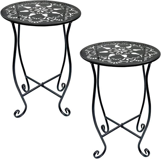 Arbuxzuy 2 Packs 17" Tall Round Metal Outdoor Side Tables for Patio, Decorative Black Flower Pot Stand, Rustproof Potted Holder, 120 lbs Load Capacity