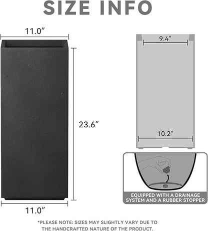 Kante 23.6" H Tall Rectangular Concrete Planter, Modern Square Diameter Plant Pot with Drainage Hole and Rubber Plug for Indoor Outdoor Home Patio Garden, Black