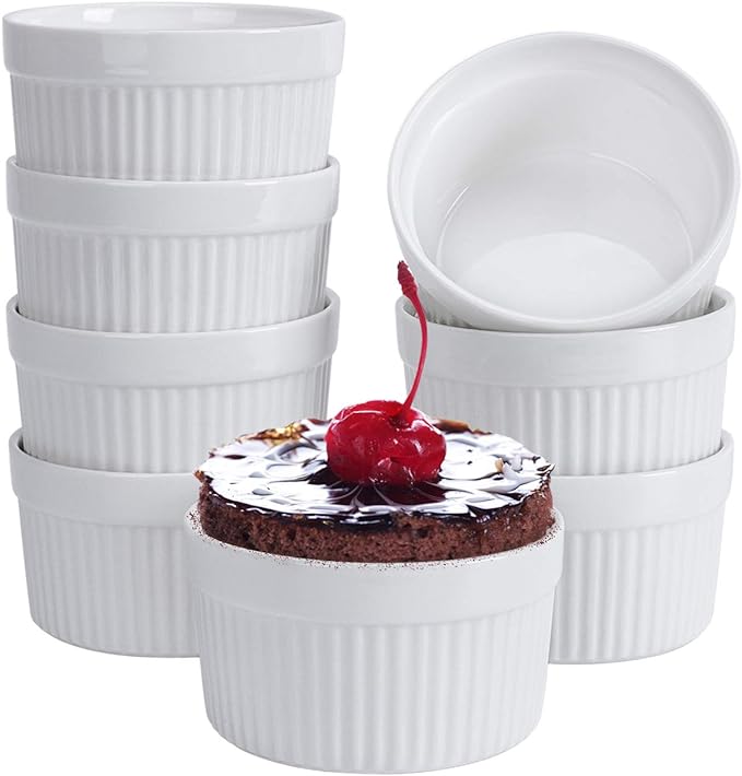 Ramekins 6 oz Set of 8, Creme Brulee Ramekins, Souffle Dishes, Oven Safe Porcelain Ramiken Bowls For Custard, Lava Cakes, Pudding, Flan, Mini Desserts, Dipping Sauce Cups