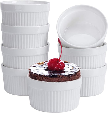 Ramekins 6 oz Set of 8, Creme Brulee Ramekins, Souffle Dishes, Oven Safe Porcelain Ramiken Bowls For Custard, Lava Cakes, Pudding, Flan, Mini Desserts, Dipping Sauce Cups