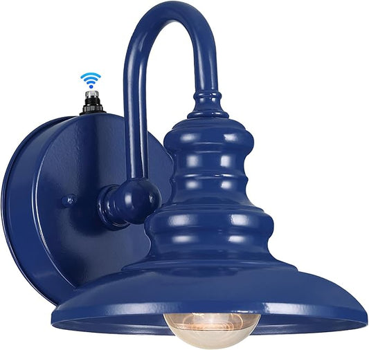 LONEDRUID Dusk to Dawn Sensor Outdoor Gooseneck Barn Light Fixtures Blue Exterior Wall Sconce Lighting Rustic Outside Porch Lantern Farmhouse Wall Mount Lamp for House Garage Patio