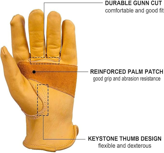 OZERO Leather Work Gloves for Men, Cowhide Gardening Gloves with Reinforced Palm, Flexible Keystone Thumb, Elastic Wrist