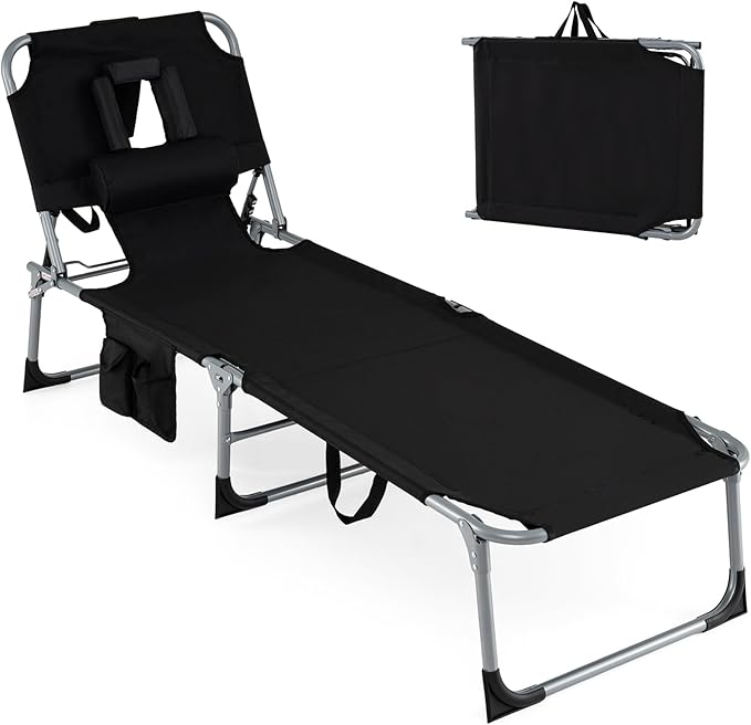 Goplus Tanning Chair, Folding Adjustable Patio Lounge Chair with Face Hole, Removable Pillow, 330LBS, Carry Strap, Outdoor Sunbathing Chair, Lightweight Portable Beach Lounge Chair, No Assembly