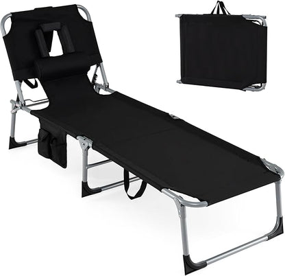 Goplus Tanning Chair, Folding Adjustable Patio Lounge Chair with Face Hole, Removable Pillow, 330LBS, Carry Strap, Outdoor Sunbathing Chair, Lightweight Portable Beach Lounge Chair, No Assembly