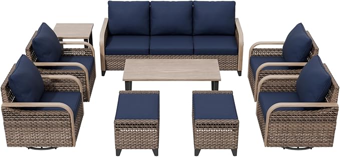 COOS BAY Modern Wicker Outdoor Furniture Set, Patio Conversation Set with 4 Swivel Rockers, 3 Seat Couch, Ottomans, Coffee Table and Side Table, 9 Piece, Brown/Blue
