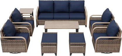 COOS BAY Modern Wicker Outdoor Furniture Set, Patio Conversation Set with 4 Swivel Rockers, 3 Seat Couch, Ottomans, Coffee Table and Side Table, 9 Piece, Brown/Blue