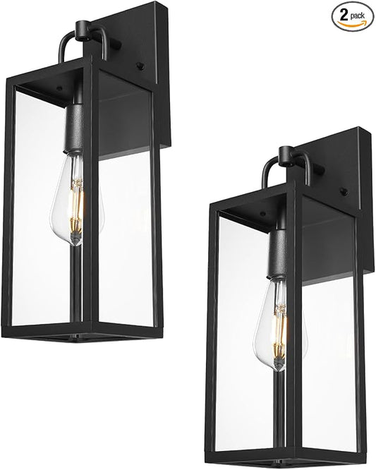 Outdoor Wall Sconce Lights, 16 Inch Tall Transitional Exterior Wall Light Fixtures with Clear Glass, Anti-Rust Modern Black Outside Lanterns Lamps for House Front Porch Doorway Patio, 2 Pack