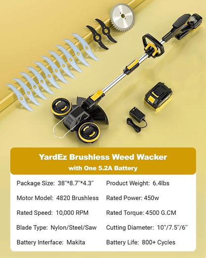 Cordless Weed Wacker with Brushless Motor, 20V 5.2Ah Battery Powered Weed Wacker with Blade, 3 in 1 Brush Cutter/Lawn Edger/Mower (One 5.2Ah Battery and Charger)