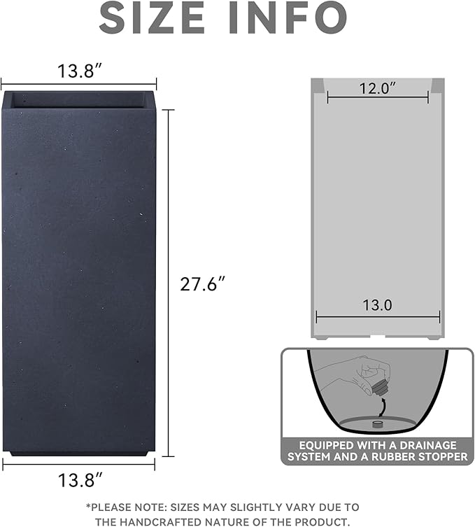 Kante 27.6" H Tall Rectangular Concrete Planter, Modern Square Diameter Plant Pot with Drainage Hole and Rubber Plug for Indoor Outdoor Home Patio Garden, Charcoal