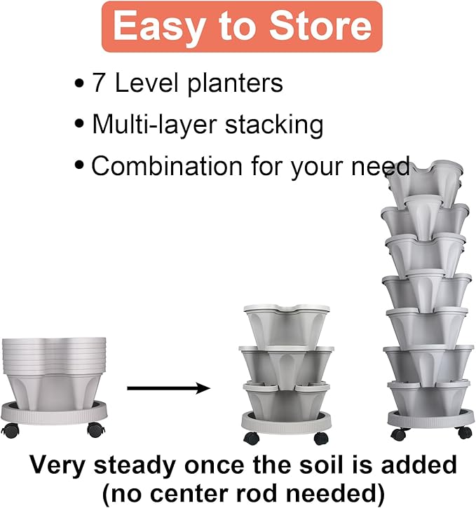 GameXcel Vertical Planter Tower- 7 Tier Stackable Garden Planter with Wheels and Tool Set – Grow Strawberries Herbs Flowers and Vegetables - Indoor Outdoor Use Gray