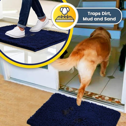 Muddy Mat® | Super Water Absorbent Door Mat Indoor, Microfiber Quick Dry Chenille Entryway Rug, Slip Resistant Front Door Mat, Indoor Mats for Entryway, Machine Washable Pet Rug, Navy Blue 24"x72"