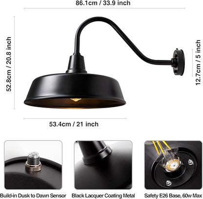 21 inch Barn Lights Outdoor Gooseneck Lighting, Dusk to Dawn Black Exterior Barn Lights, Farmhouse Wall Lighting Fixtures with Sensor for Porch Garage (1, 21" Diameter)