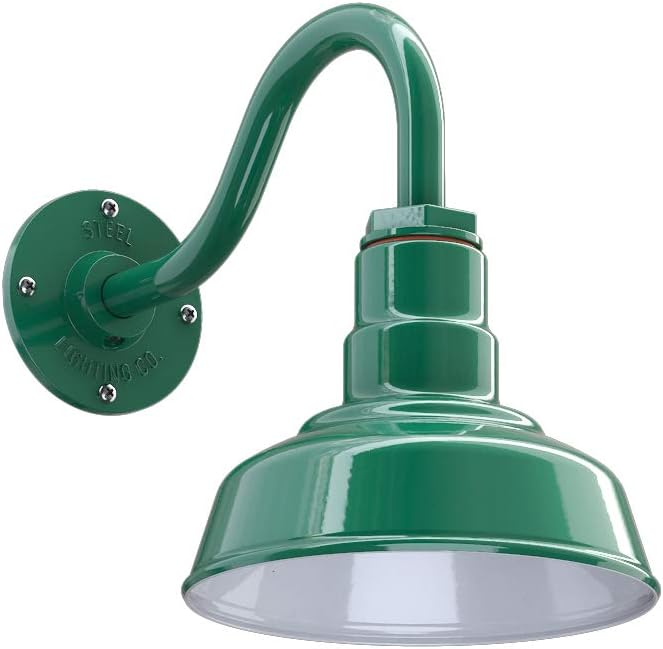 Steel Lighting Co. | Dusk to Dawn | Hawthorne Barn Light | Outdoor Wall Mounted | 8 in Dome | 11 inch Gooseneck| Small Farmhouse Light Made in America | Green Exterior/White Interior