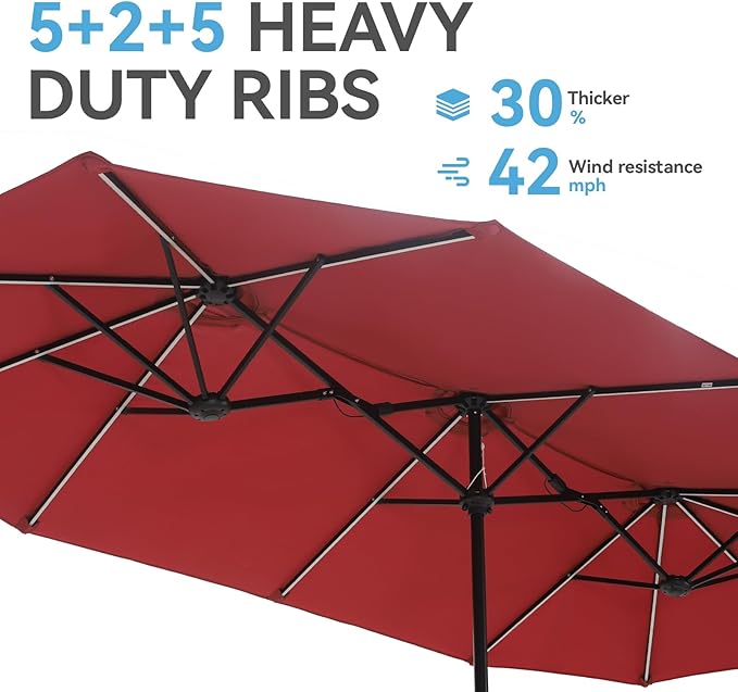 GREEN PARTY 13 ft Rectangle Patio Umbrella with Solar Lights, Double-Sided Market Table Umbrella with Crank, Large Outdoor Umbrellas for Patio Poolside Garden Backyard, Burgundy Red