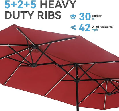 GREEN PARTY 13 ft Rectangle Patio Umbrella with Solar Lights, Double-Sided Market Table Umbrella with Crank, Large Outdoor Umbrellas for Patio Poolside Garden Backyard, Burgundy Red