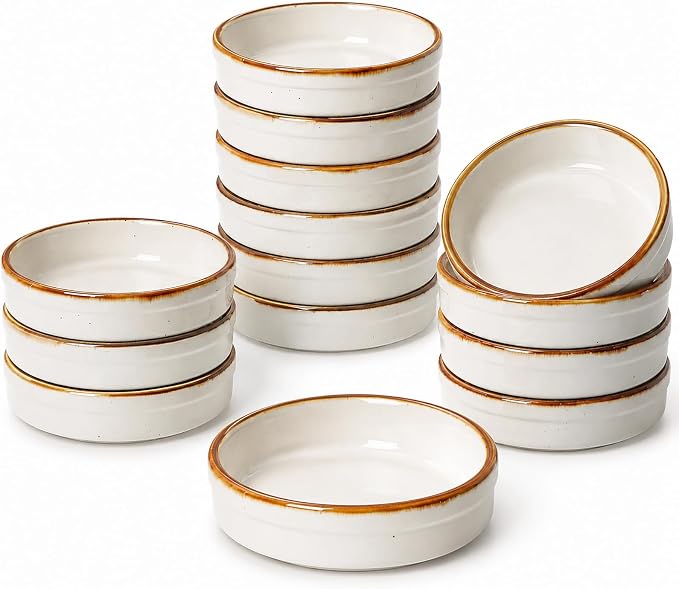 ONEMORE Ramekin Set of 14, Creme Brulee Ramekins Oven Safe 4 oz Ceramic Shallow Souffle Dishes for Baking Exquisite Desserts, Small Dipping Sauce Ramekins Round Mini Tart & Quiche Pans - Creamy White